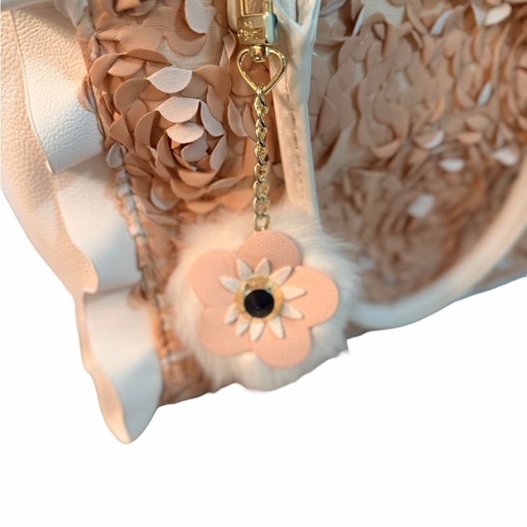 Betsey Johnson Pink and Cream Floral Tote Purse Crossbody & Fuzzy Keychain - Picture 10 of 14